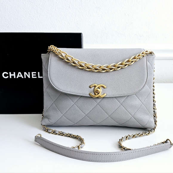 Chanel Gray Caviar Leather Top Handle Two-way Flap Bag - Picture 1 of 16